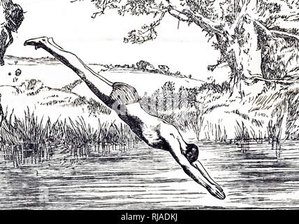 Une gravure représentant un homme de plonger dans une rivière. En date du 19e siècle Banque D'Images