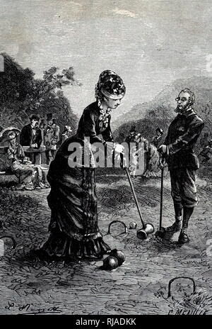 Une gravure représentant un couple de jouer à un jeu de croquet. En date du 19e siècle Banque D'Images