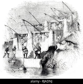 Une gravure représentant une shadoof en usage en Égypte. Le shadoof a été utilisée pour l'irrigation au moins dès 1500 av. En date du 19e siècle Banque D'Images