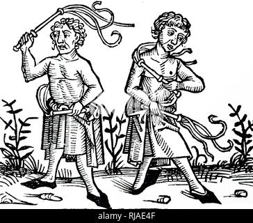 Christian Flagellants ; Illustration de la Chronique de Nuremberg. 1493. Au 13ème siècle, un groupe de catholiques romains, connu sous le nom de Flagellants, a pris l'auto-mortification à l'extrême. Dans le siècle suivant, le groupe a été condamné comme un culte, parce que l'église établie n'avait aucun contrôle sur la pratique autre que l'excommunication.[citation nécessaire] flagellation était également pratiquée au cours de la Peste Noire comme un moyen de purifier soi-même de péché et ainsi éviter de contracter la maladie. Banque D'Images