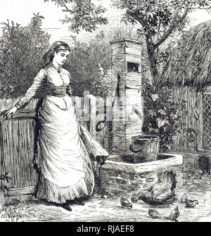 Une gravure représentant une femme la collecte des seaux d'eau d'une pompe de cour. En date du 19e siècle Banque D'Images