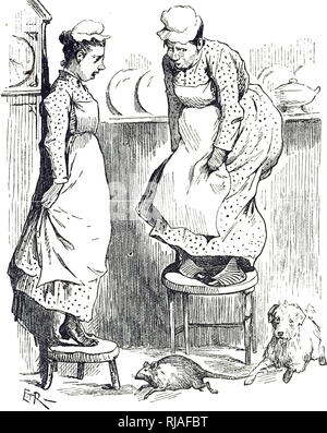 Une caricature montrant un cuisinier et femme de chambre cuisine étant terrifié par un rat qui le terrier est déterminé à attraper. En date du 19e siècle Banque D'Images