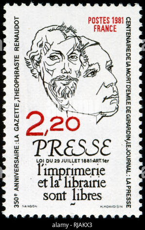 Timbre-poste français la célébration de journalistes français, Émile de Girardin et Theophraste Renaudot 1981 Banque D'Images