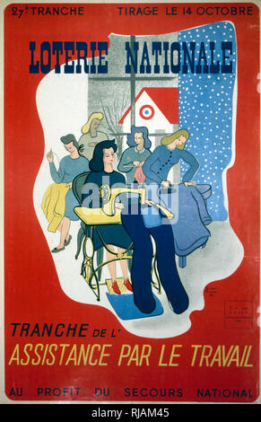 Loterie nationale de guerre français de Vichy affiche montrant les femmes le repassage et couture. 1943 Banque D'Images