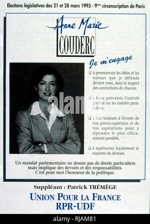 1993 affiche électorale pour Anne-Marie Couderc, né le 13 février 1950, homme politique et chef d'entreprises françaises. Membre du Parlement de 1993 à 1995, secrétaire d'État et ministre responsable de l'emploi de 1995 à 1997, elle est présidente de Presstalis1,2 de 2010 à 2017 et a été Président par intérim d'Air France-KLM depuis le 15 mai 2018. Banque D'Images