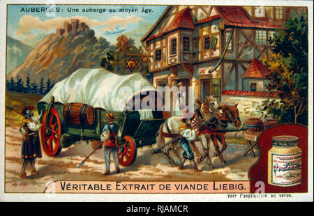 Chevaux tirant un chariot couvert au moyen âge ; l'anglais Leibig carte chromolithographie 1900 Banque D'Images