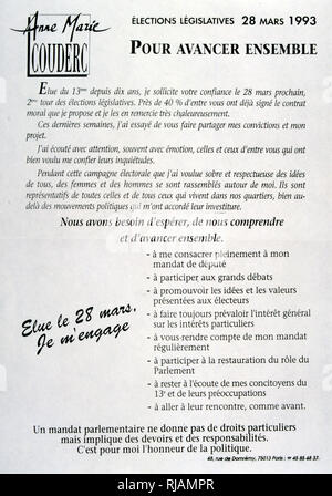 1993 affiche électorale pour Anne-Marie Couderc, né le 13 février 1950, homme politique et chef d'entreprises françaises. Membre du Parlement de 1993 à 1995, secrétaire d'État et ministre responsable de l'emploi de 1995 à 1997, elle est présidente de Presstalis1,2 de 2010 à 2017 et a été Président par intérim d'Air France-KLM depuis le 15 mai 2018. Banque D'Images