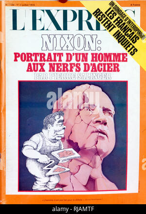 Couverture de la publication en français 'L'Express' dépeint le président américain Richard Nixon comme un homme avec des nerfs d'acier. Il est en réparation par le dirigeant soviétique Léonid Brejnev. Banque D'Images