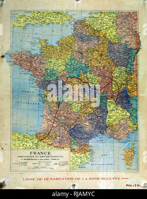 Carte de France montrant la zone occupée (nord de la France) par les Nazis et le sud contrôlé par Vichy. 1941 Banque D'Images