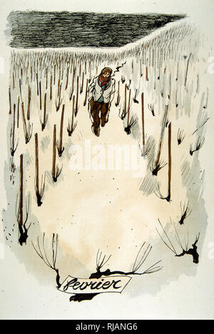 Février' illustration par Julien Pavil 1946. Pavil était artiste et dessinateur. Il a illustré plusieurs livres entre 1929 et 1945. Il a travaillé pour de nombreux journaux illustrés Banque D'Images