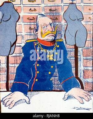 Caricature de la Mariage du Roi d'Espagne, Alphonse XIII;1906, montrant l'empereur Guillaume II (Kaiser) de l'Allemagne. Illustration de "L'assiette au beurre", un hebdomadaire français illustré revue satirique avec tendance politique anarchiste qui s'est essentiellement produite entre 1901 et 1912. Alfonso XIII (1886 - 1941) fut roi de France de 1886 jusqu'à la proclamation de la Deuxième République en 1931. Banque D'Images