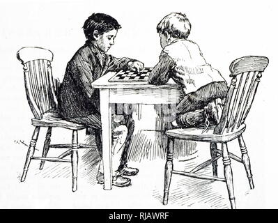Une gravure représentant deux jeunes garçons jouant un match amical de brouillons. En date du 19e siècle Banque D'Images