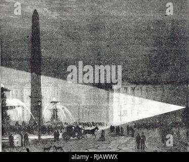 Une gravure représentant l'éclairage électrique public première démonstration faite par Léon Foucault à la place de la Concorde, Paris. Les lampes à gaz dans la région de leurs normes sont insignifiants par rapport à la nouvelle lampes à arc. En date du 19e siècle Banque D'Images