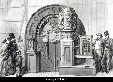 Une gravure représentant le magneto-electric generator - illustré de la mise sous tension un phare de lumière à l'Exposition internationale de Londres. En date du 19e siècle Banque D'Images