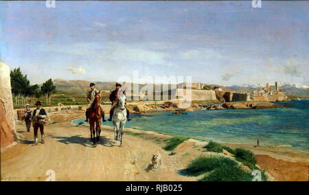 Antibes. La promenade a cheval. 1868 par Ernest Meissonier. Jean-Louis Ernest Meissonier (1815 - 1891) était un peintre et sculpteur classique français célèbre pour ses représentations de Napoléon, ses armées et de thèmes militaires Banque D'Images