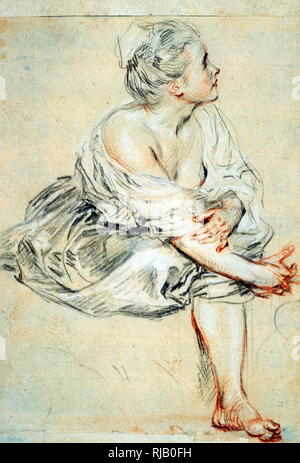 Femme assise et tourne vers la droite" femme assise et tourné vers la droite. Craie rouge et crayon. Auteur : Jean Antoine Watteau (1684-1721). Emplacement : Pierpont Morgan Library, New York, USA. Banque D'Images