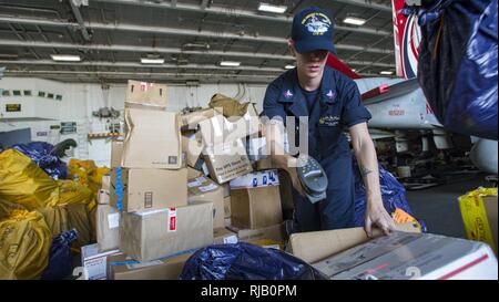 Le Golfe Arabique (nov. 5, 2016) Maître de 2e classe Fallon Grun, de Fort Worth, Texas, trie et classe les mail dans la zone du porte-avions USS Dwight D. Eisenhower (CVN 69) (Ike). Grun sert à bord d'Ike et spécialiste de la logistique est chargé d'inspecter toutes les fournitures acquises, le tri du courrier et la distribution de matières dangereuses. Ike et son Groupe aéronaval sont déployés à l'appui de l'opération inhérents à résoudre, les opérations de sécurité maritime et les efforts de coopération en matière de sécurité dans le théâtre dans la 5e flotte américaine zone d'opérations. Banque D'Images