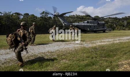 Les marines débarquent un CH-53E Super Stallion hélicoptère pendant la chromite bleu 2017 à Okinawa, Japon, 2 novembre 2016. La chromite est bleu un seul exercice qui renforce le Navy-Marine Corps expeditionary, amphibie à réponse rapide, basées à Okinawa et plus Indo-Asia-région du Pacifique. Les marines sont affectés à la 3e Bataillon, 3e Régiment de Marines qui est déployé à partir de l'avant la baie de Kaneohe, Hawaii, à la 3e Division de marines, basée à Okinawa, au Japon. L'hélicoptère Super Stallion est affecté à l'Escadron d'hélicoptères lourds Marine 361, à l'aéronef maritime déployées à l'avant du groupe 36, 1er Banque D'Images