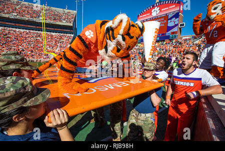 La mascotte de l'Université Clemson football Tiger pendant le week-end au Memorial Stadium dans la vallée de la mort. Banque D'Images