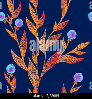 Branches de chèvrefeuille sauvage avec les baies mûres, pattern design transparente, hand drawn doodle, sketch dans un style pop art, illustration couleur, bleu backgrou Banque D'Images