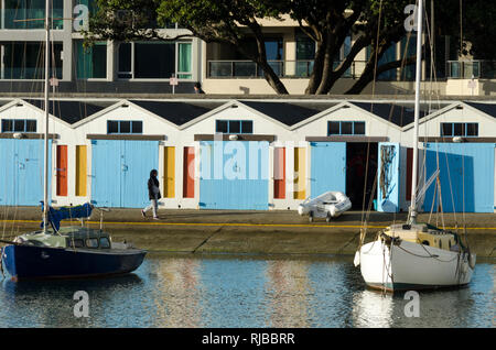 Personne devant boatsheds à Boat Harbour, Wellington, Nouvelle-Zélande Banque D'Images