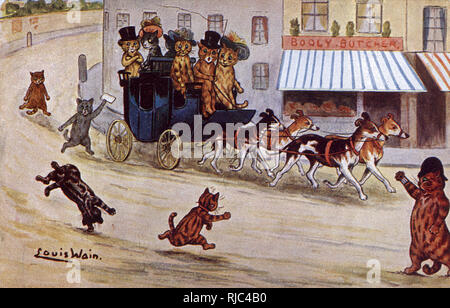 En voiture pour les courses - carte postale Louis Wain Banque D'Images