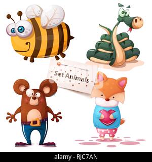 Bee, serpent, ours, renard - Set animaux Illustration de Vecteur