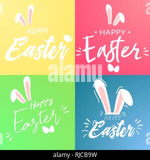 Joyeuses Pâques Cartoon Style Carte vectorielle avec oreilles de lapin, à la main et la brosse Calligraphie Wettering. Illustration de Vecteur