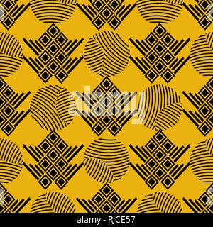 Modèle vectoriel continu. Noir sur jaune avec arrière-plan géométrique décoratif dessiné à la main. éléments tribaux Avec Impression, ethnique, folklorique traditionnel Illustration de Vecteur