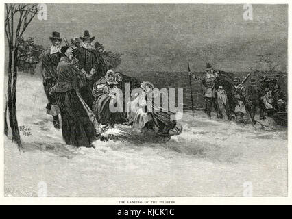 Un groupe d'hommes et de femmes sur une plage se blottissent autour d'un feu du froid, comme plus d'arriver du Mayflower navire ancré dans la baie, après avoir pataugé jusqu'à la plage. Ce sont les Pères pèlerins, colonisateurs qui aurait trouvé la colonie de Plymouth et la deuxième colonie anglaise en Amérique du Nord après Jamestown. Banque D'Images