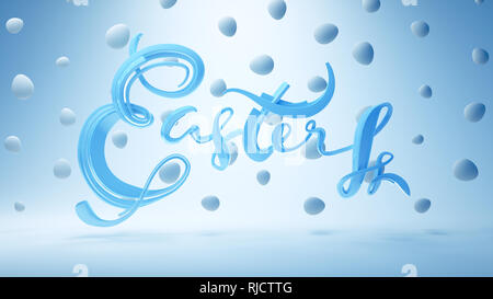 Joyeuses Pâques avec lettrage fond décoré par les oeufs. Illustration 3D réaliste Invitation carte de souhaits, ad, promotion, affiche, flyer, bannière web Banque D'Images