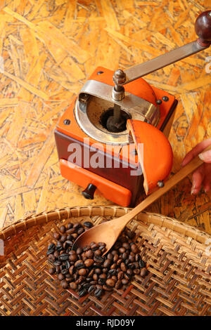 Dégustation de café torréfié avec cuillère en bois du panier de battage à Moulin pour café maison Banque D'Images