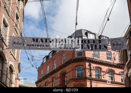 Mathew Street berceau de la bannière Beatles à Liverpool, Merseyside, Royaume-Uni Banque D'Images