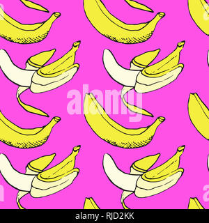 La banane jaune transparente, dessin, hand drawn doodle, sketch dans un style pop art, illustration, couleur de fond rose Banque D'Images