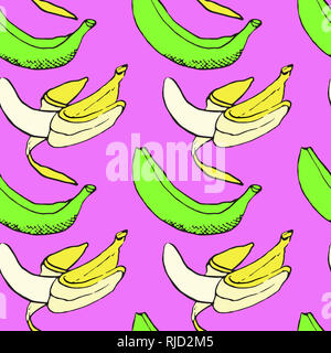 La banane jaune et vert transparent, Dessin, hand drawn doodle, sketch dans un style pop art, illustration couleur, fond violet Banque D'Images