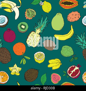 Fruits tropicaux, pattern design transparente, hand drawn doodle, sketch dans un style pop art, illustration couleur, fond vert Banque D'Images