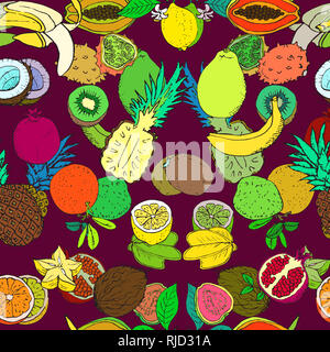 Fruits tropicaux, pattern design transparente, hand drawn doodle, sketch dans un style pop art, illustration couleur, fond rouge Banque D'Images