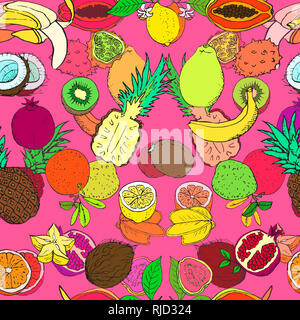 Fruits tropicaux, pattern design transparente, hand drawn doodle, sketch dans un style pop art, illustration, couleur de fond rose Banque D'Images