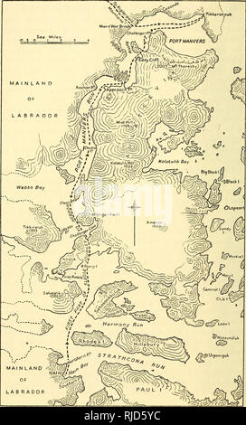 . Challenger ; la vie d'un navire de l'enquête. Les levés hydrographiques ; Challenger. 44 CHALLENGER. Mer Tiktieratsuk Miles O I J N L'AMI CONTINENTALE DU LABRADOR ET DE L'aire du relevé vers le nord de Nain, montrant première partie de voyage en traîneau à Hébron. Veuillez noter que ces images sont extraites de la page numérisée des images qui peuvent avoir été retouchées numériquement pour plus de lisibilité - coloration et l'aspect de ces illustrations ne peut pas parfaitement ressembler à l'œuvre originale.. Ritchie, G. S. (George Stephen), 1914-. New York, Abelard-Schuman Banque D'Images