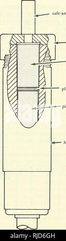 . CEL 20K-propulseur actionné l'ancre. Des amarres ; ancres. M58 primer la Figure 10. Pour l'ensemble cartouche CEL 20K ancre.. Coffre-fort-et-périphérique arm (M108B1)/bouchon obturateur M41 tube du canon Figure 11. Et des armes à feu pour l'ensemble cartouche CEL 20K l'ancre. D'un point de vue fonctionnel, comme la tige touche le fond marin, l'aimant situé sur la tige de l'interrupteur magnétique approches, qui est fixe par rapport à l'Fluke, et la fermeture momentanée. La source d'alimentation puis acti- le vates S/un appareil qui à son tour fait exploser la cartouche. Au-dessus de 50 pieds en tirant est empêchée par un contacteur de pression hydrostatique que interrompre Banque D'Images