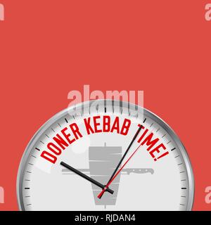 Temps de doner kebab. Blanc horloge avec slogan de motivation. Metal analogique Watch avec le verre. Vector illustration isolé sur fond de couleur solide. Illustration de Vecteur