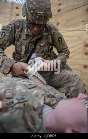 Un soldat de l'Armée américaine affecté à la Force opérationnelle interarmées - Corne de l'Afrique s'enroule un bandage autour de la simulation d'une blessure de brûler un blessé pendant la formation pour un expert Infantryman Badge (BEI) Évaluation au Camp Lemonnier, Djibouti, le 24 janvier 2018. La BEI est une des compétences particulières d'un insigne qui exige de l'infanterie à passer cinq jours d'évaluation qui se compose d'un test de condition physique de l'armée, jour et nuit, la navigation terrestre, une marche forcée de 12 km, et 30 tâches individuelles couvrant les armes, medical, patrouille de sécurité et de compétences. En avril 2016 une itération de la BEI au Camp Lemonnier, seulement 15  % des c Banque D'Images