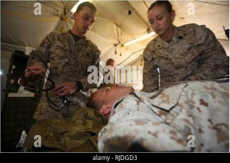 BASE NAVALE DE FUJAIRAH, Émirats Arabes Unis (janvier 1985). 20, 2018) Les marins de la marine américaine avec Bravo Surgical Company, 1er Bataillon Médical, évaluer un patient simulé pour la douleur lors d'un forage de pertes massives dans le cadre de l'exercice Furie indigènes 18. L'exercice est conçu pour former des Groupe de travail air-sol marin - Fury indigènes Marines et marins de la Marine américaine dans les opérations de la force de prépositionnement maritime et vise à augmenter les niveaux de compétence, d'élargir la coopération, améliorer les capacités maritimes, et à promouvoir la stabilité régionale à long terme et l'interopérabilité entre les Émirats arabes unis et des États-Unis. Banque D'Images