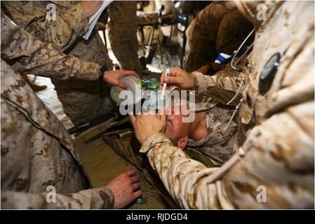 BASE NAVALE DE FUJAIRAH, Émirats Arabes Unis (janvier 1985). 20, 2018) Les marins de la marine américaine avec Bravo Surgical Company, 1er Bataillon Médical, fournir des soins médicaux aux simulé un patient participant à un grand nombre de blessés au cours de l'effort de forage Fury indigènes 18. L'exercice est conçu pour former des groupe Force-Native air-sol marin Fury Marines et marins de la Marine américaine dans les opérations de la force de prépositionnement maritime et vise à augmenter les niveaux de compétence, d'élargir la coopération, améliorer les capacités maritimes, et à promouvoir la stabilité régionale à long terme et l'interopérabilité entre les Émirats arabes unis un Banque D'Images