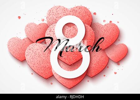 Carte de vœux pour le 8 mars. Bonne Journée de la femme. Coeurs rose brillant de paillettes. Composition romantique. Couverture web de fête. Vector illustration. EPS 10 Illustration de Vecteur