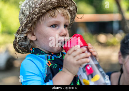 Le portrait d'une enfant de 2 ans avec attention de sa boisson bouteille d'eau en plastique. Banque D'Images