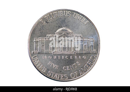 États-unis cinq cent pièce nickel côté queue avec Monticello isolated on white Banque D'Images