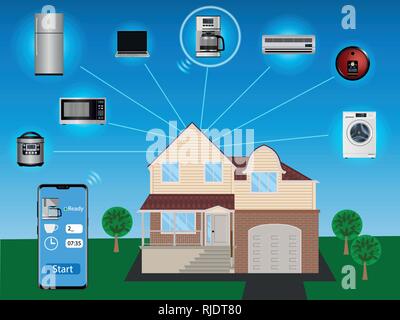 Concept de maison intelligente - le contrôle d'appareils ménagers, d'un téléphone mobile Illustration de Vecteur