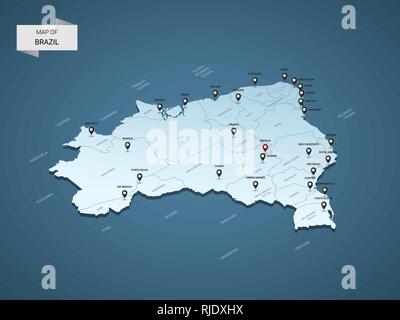 3D isométrique Brésil site, vecteur illustration avec les villes, les frontières, les capitaux, les divisions administratives et marques ; pointeur fond bleu dégradé. Co Illustration de Vecteur