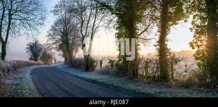 Route de campagne près de Cotswold swinbrook dans la brume d'hiver et le gel au lever du soleil. Swinbrook, Cotswolds, Oxfordshire, Angleterre. Vue panoramique Banque D'Images